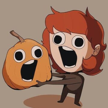 Ruby, a pale skinned woman with short, fluffy, red hair. She is wearing an all black jumpsuit and is holding a pumpkin. They are both yelling at one another.